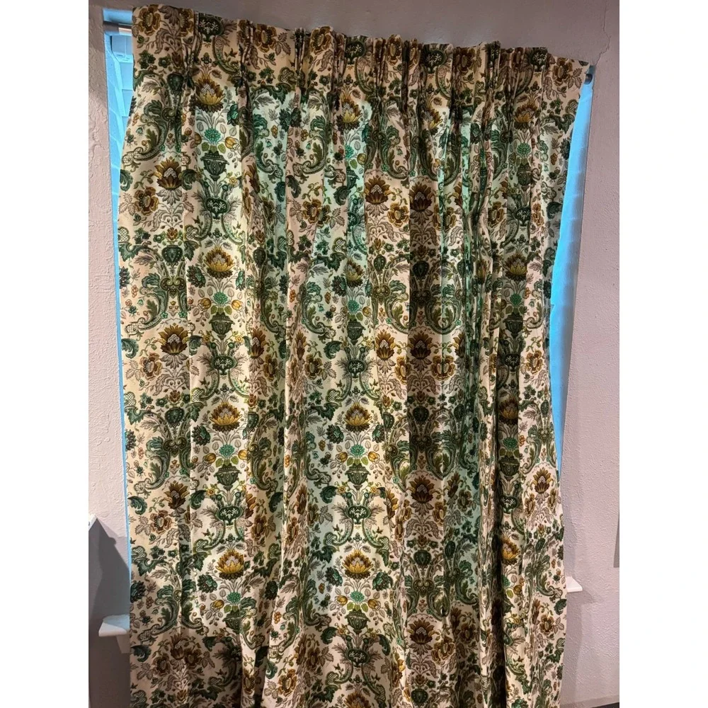 Vtg 60s Floral Damask Tapestry Curtain Set of 2 Baroque Pattern Ornat PinchPleat
